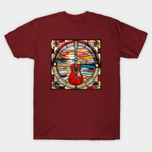 Red Guitar Beach Sunset Stained Glass T-Shirt